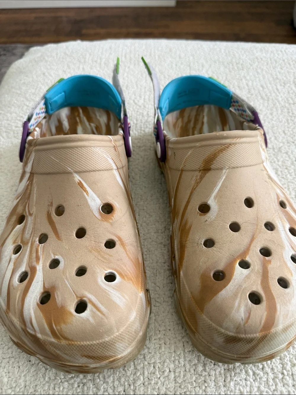 CROCS Beige Marble Clog with Multicolor Strap Cinnamon Toast Crunch